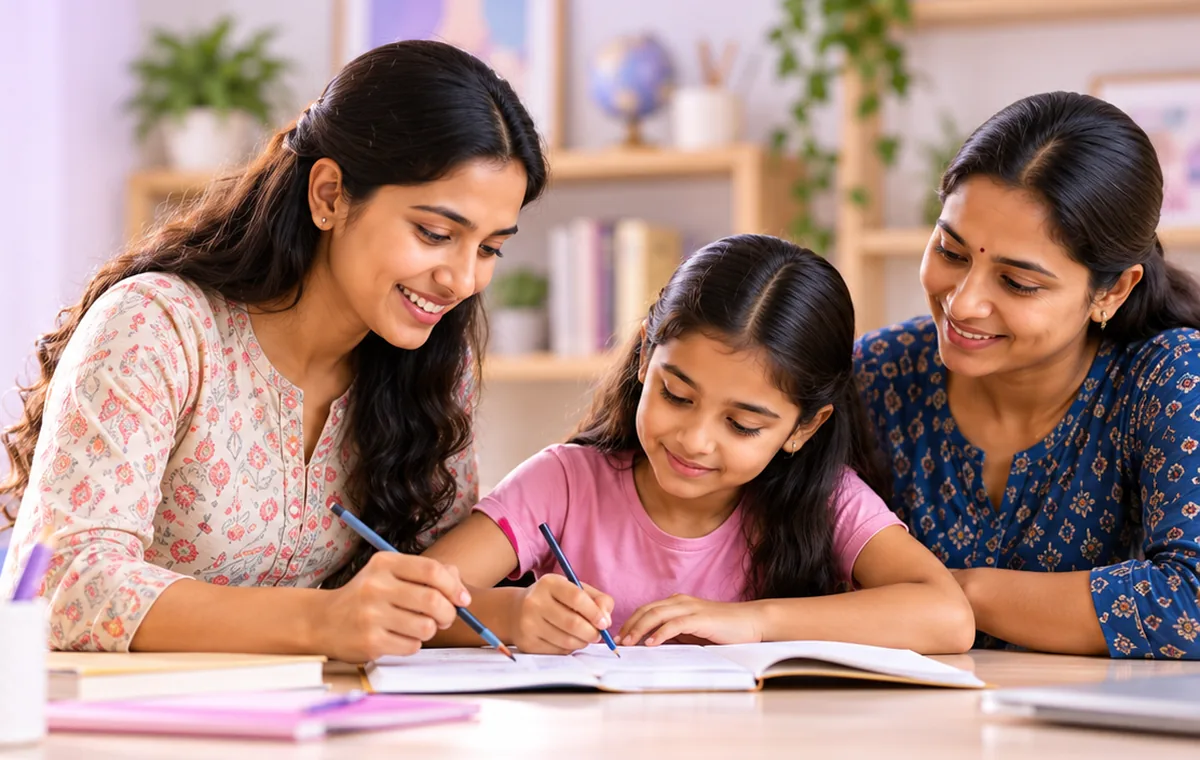 Teacher and parent helping a learner with her studies