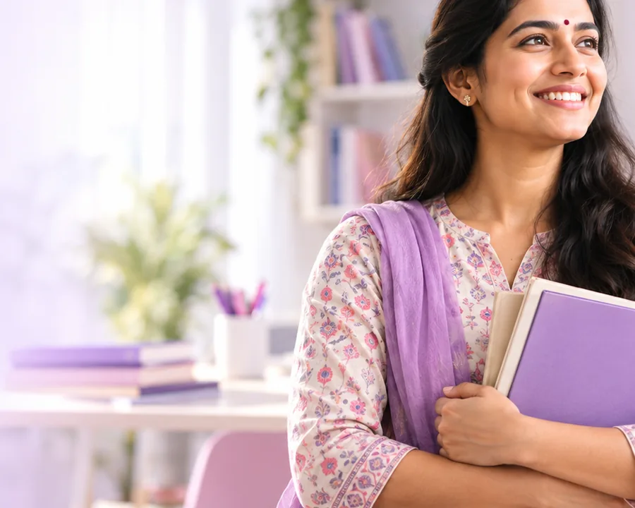 Teacher holding books in a learning space