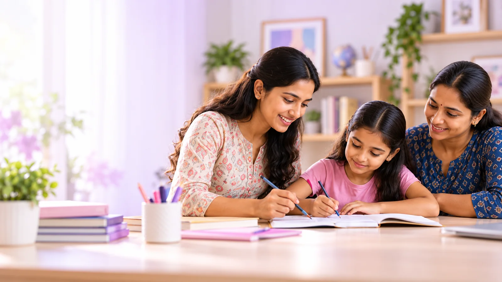 Family studying together at a table