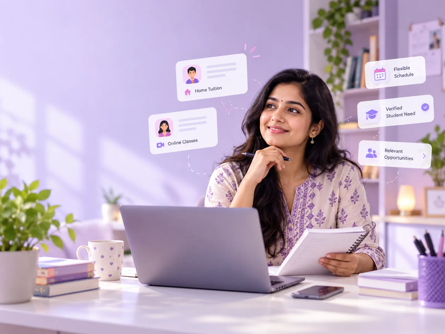 Teacher reviewing tuition opportunities at a study desk