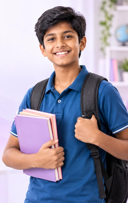 A student holding books and a backpack