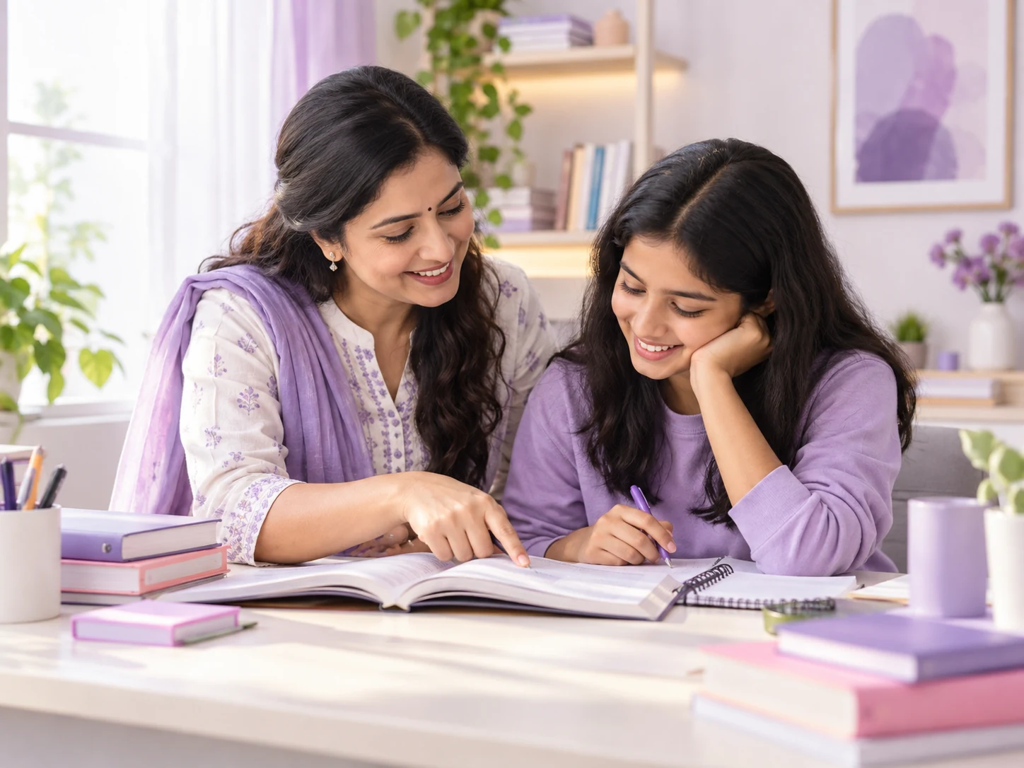 A tutor guiding a student through a lesson with books and notes