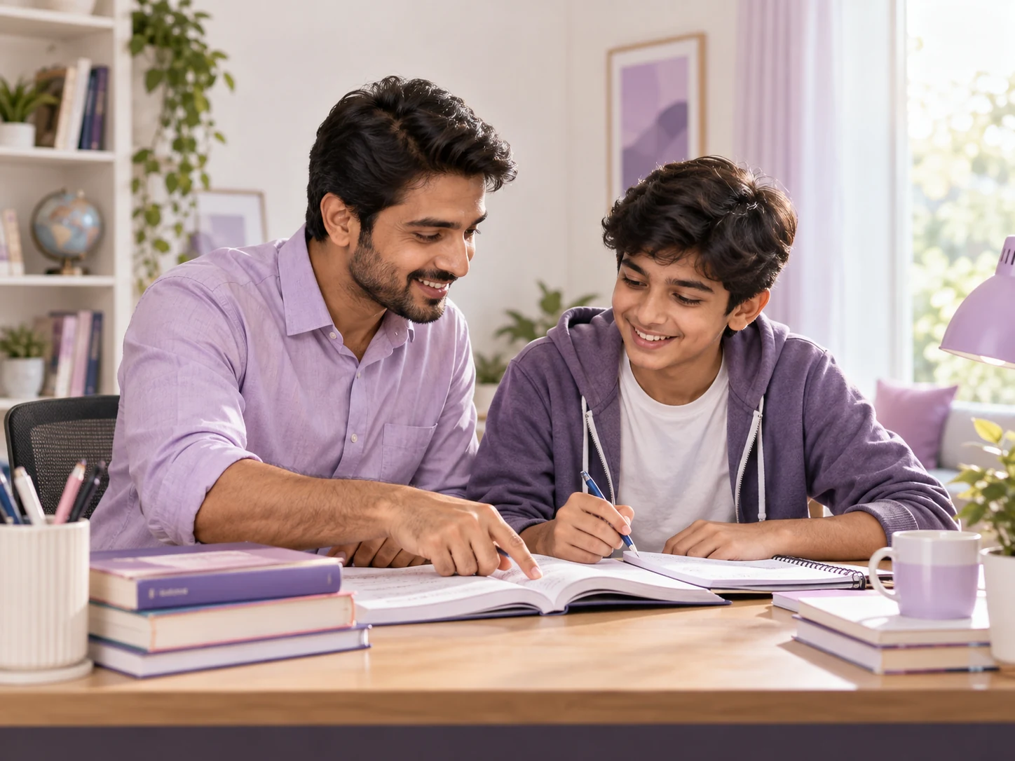 A tutor guiding a student using books and written notes