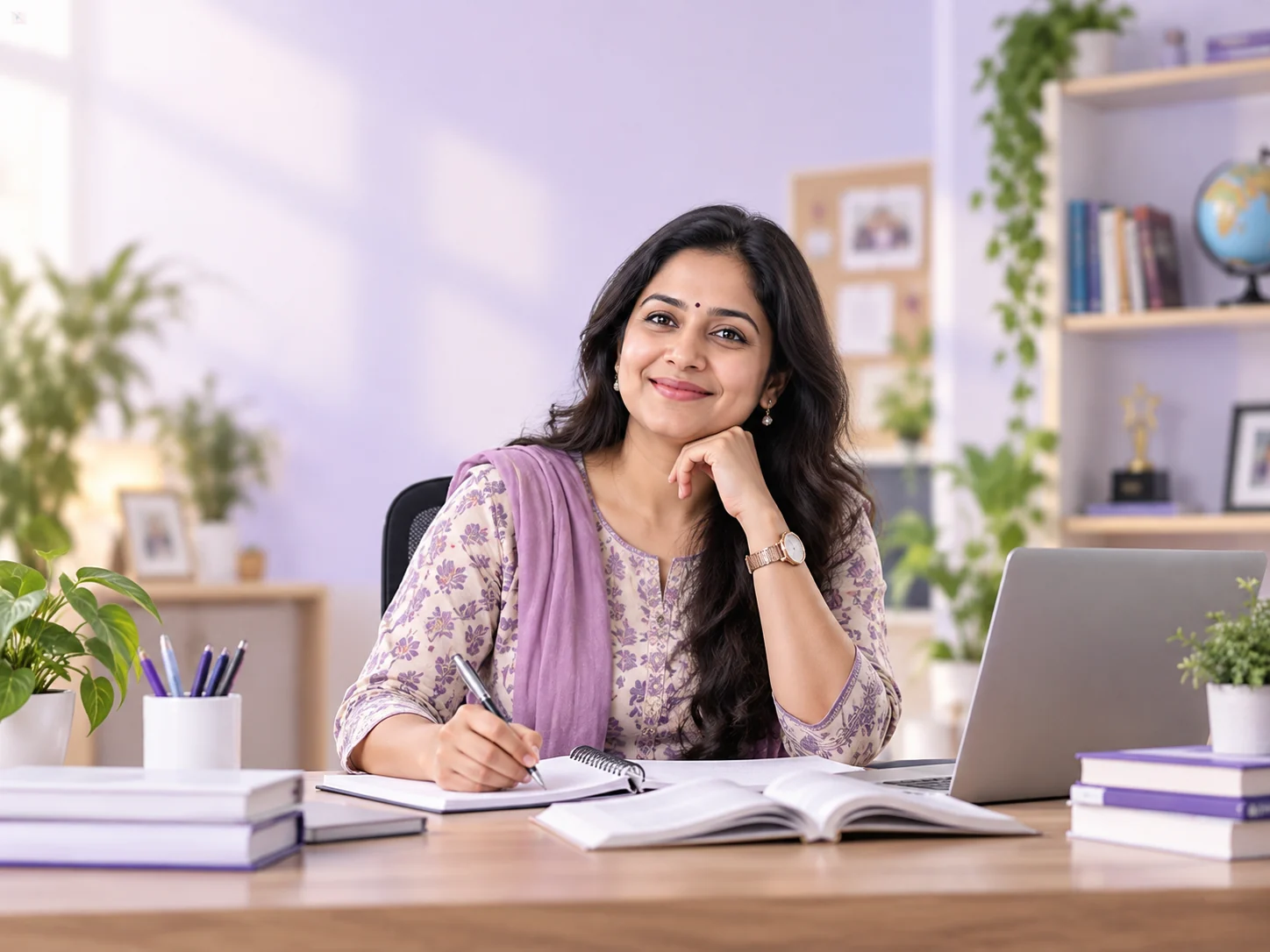Educator preparing lesson notes at a study desk