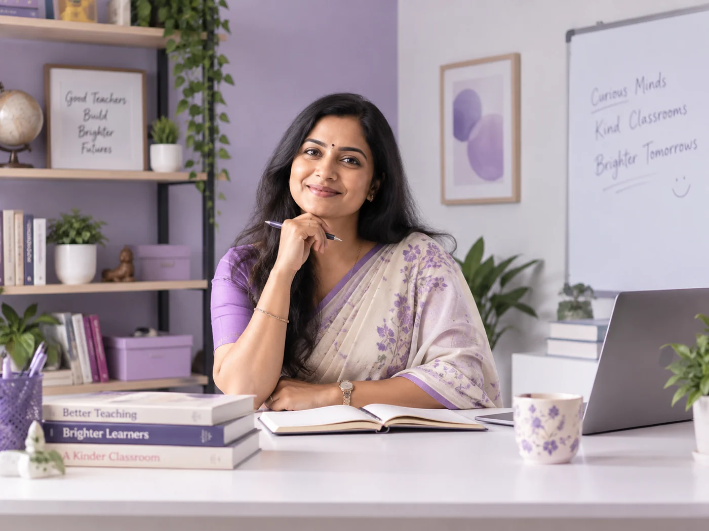 Teacher seated at a desk with learning materials