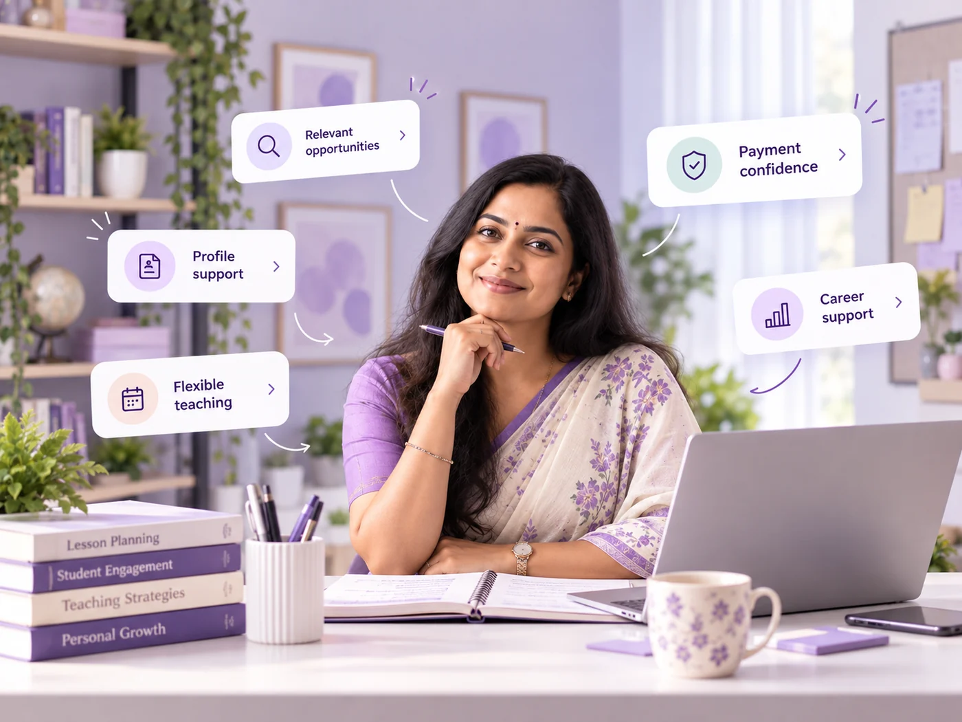 Teacher at a desk in a supportive teaching workspace